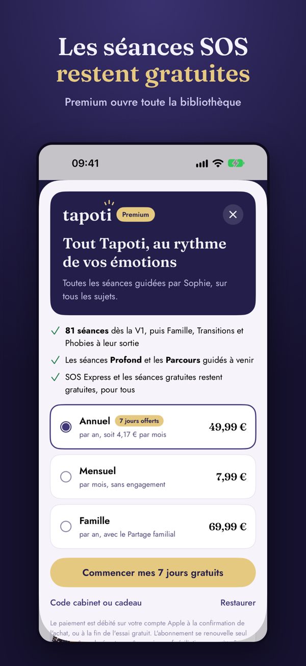 Les séances SOS restent gratuites, Premium ouvre toute la bibliothèque